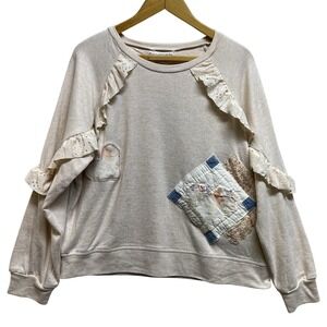 Upcycled Oatmeal Sweater Top L Folk Art To Wear Eyelet Lace Ruffles Patchwork